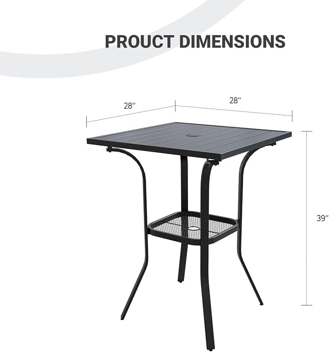 DIFY Patio Bar Height Table, 28" Square Outdoor Pub Table with 1.57" Umbrella Hole for Bistro, Garden, Poolside and Balcony, Black