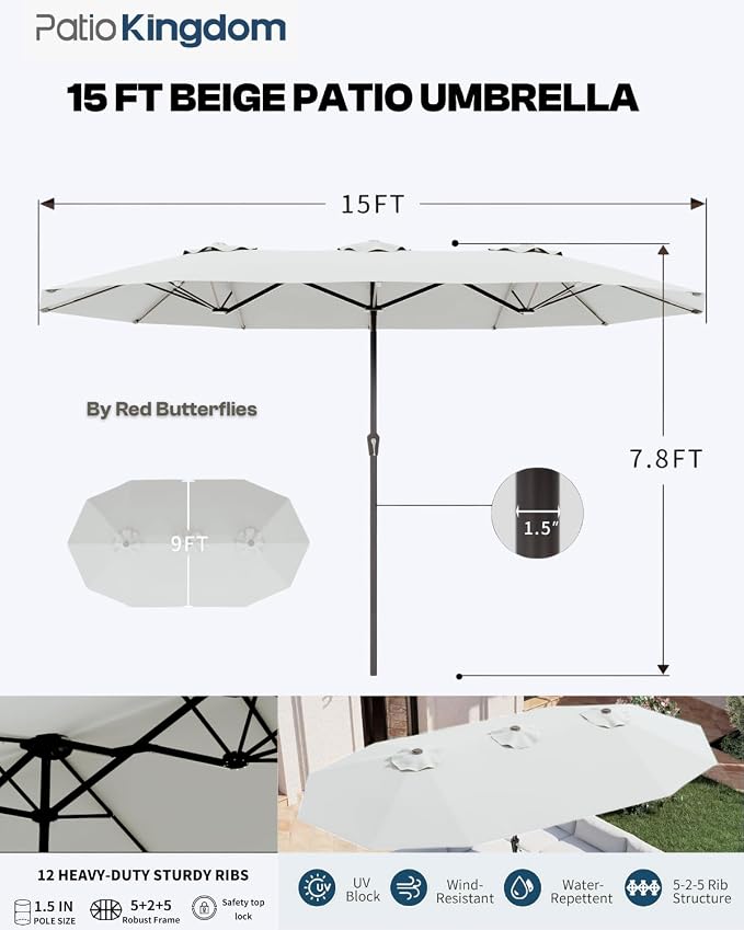 5-Piece Outdoor Dining Set with 15FT Umbrella for 4,White | 75.2'' HDPE table, chairs included, weather-resistant furniture with hole, ideal for lawn, poolside, yard, garden, deck