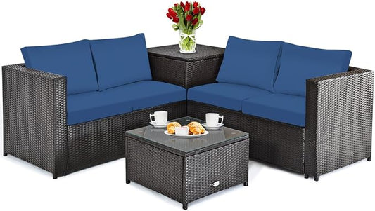 DORTALA 4-Piece Outdoor Patio Furniture Set, Weather Resistant PE Rattan Conversation Set with 2 Loveseats, Outdoor Sectional Sofa Set with Comfy Cushions for Garden and Poolside, Navy