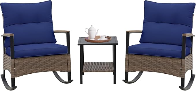 COOS BAY Sunset Haven 3 Piece Outdoor Patio Furniture Set, Rocking Chairs with Side Table, Wicker Patio Bistro Set, Brown/Blue