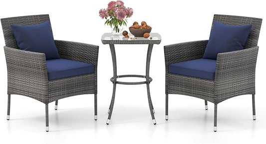 Tangkula 3-Piece Patio Furniture Set, PE Wicker Conversation Bistro Set w/A Tempered Glass Table & 2 Cushioned Chairs, Outdoor Table & Chairs Set for Patio Porch Yard Garden (Mix Gray+Navy)