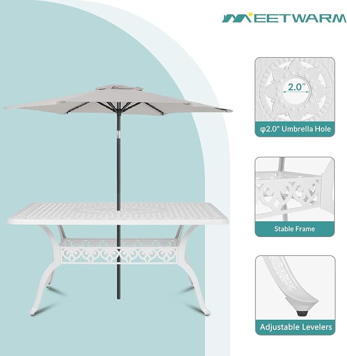 MEETWARM 7-Piece Outdoor Patio Dining Set, All-Weather Cast Aluminum Patio Conversation Set with 6 Cushioned Swivel Rocker Chairs for Backyard Garden Deck, 1 Rectangular Table, White