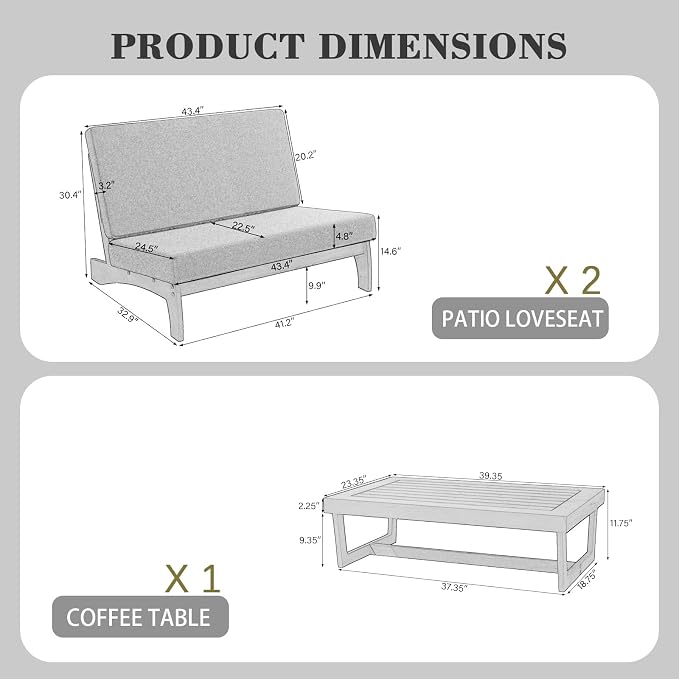 Wood Patio Furniture Sets, 3 Pieces All Weather Patio Loveseat Sofa Outdoor Sectional Futniture Backyard Conversation Set with Solid Wooden Coffee Table - Light Camel