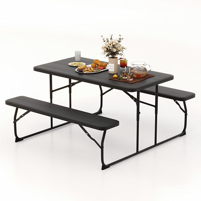 Goplus Foldable Picnic Table with Benches, Rectangular Camping Table Set with Metal Frame, Folding Indoor Outdoor Dining Table Set for Garden, Patio, Backyard (Black)