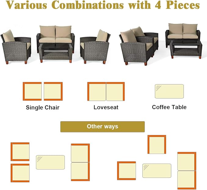 Tangkula 8 Pieces Patio Rattan Furniture Set, Outdoor Wicker Conversation Set with Seat & Back Cushion,and Tempered Glass Coffee Table with Shelf, for Porch, Poolside, Backyard, Garden