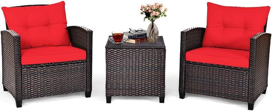 DORTALA Wicker Patio Furniture Set 3 Piece, Outdoor Table and Chairs with Tempered Glass Tabletop, Cushions, Small Rattan Conversation Sofa Set for Balcony, Porch, Backyard, Deck, Red