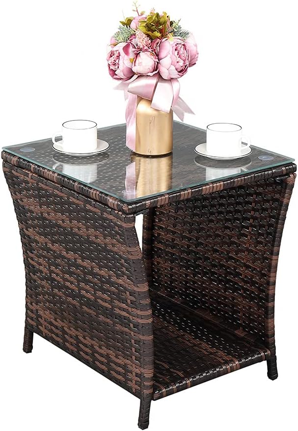 Outdoor Wicker Side Table with Tempered Glass, All-Weather Rattan Side Table with Storage Shelf, Wicker Patio Table for Outdoor Patio, Porch, Garden, Brown