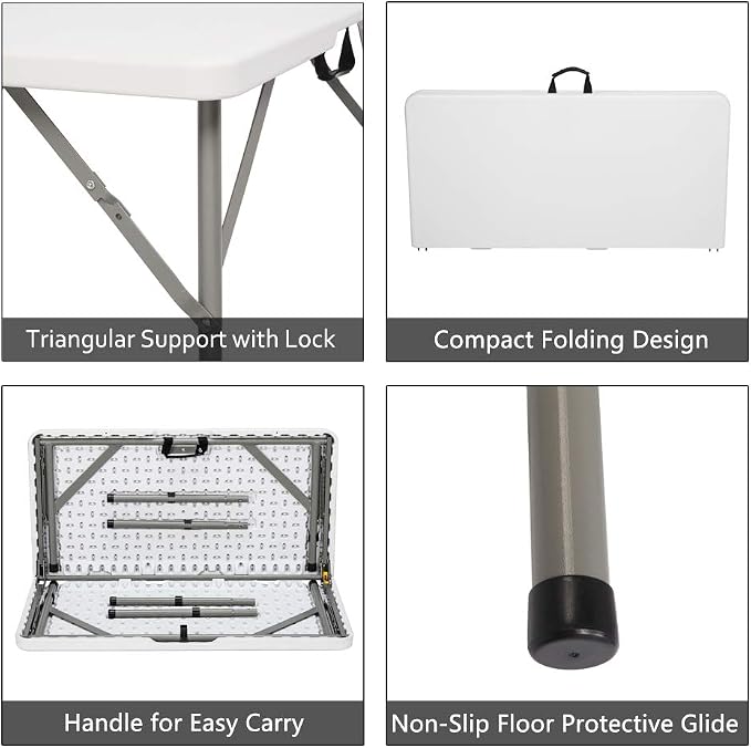 Outvita Plastics Folding Table Height Adjustable Indoor Outdoor Square Picnic Table with Carry Handle, Lock for Camping, Party, Picnic, BBQ White