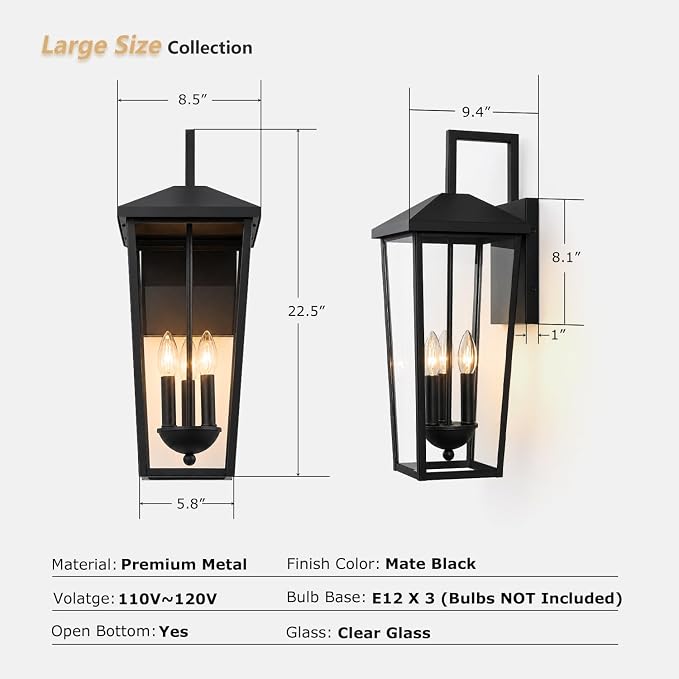 Outdoor Wall Lights Exterior Porch Sconces | Black, 22.5” Patio Wall Lighting Fixtures, Clear Glass,E12,Water Proof, for House,Yard,1 Pack
