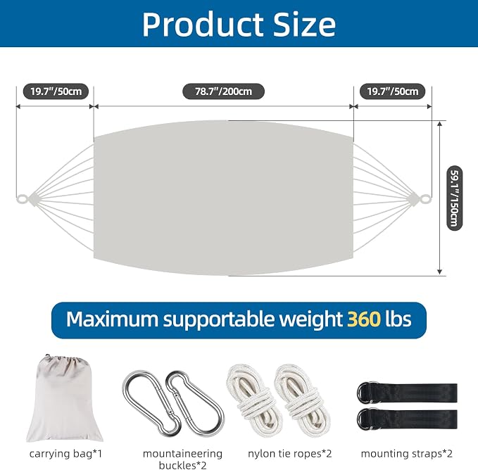 Brazilian Style Double Hammock with Fringe, 2 Person Patio Hammock for Backyard & Indoor Relaxation, Soft Breathable Fabric, Easy Setup with Straps & Carry Bag, 360 lbs Capacity