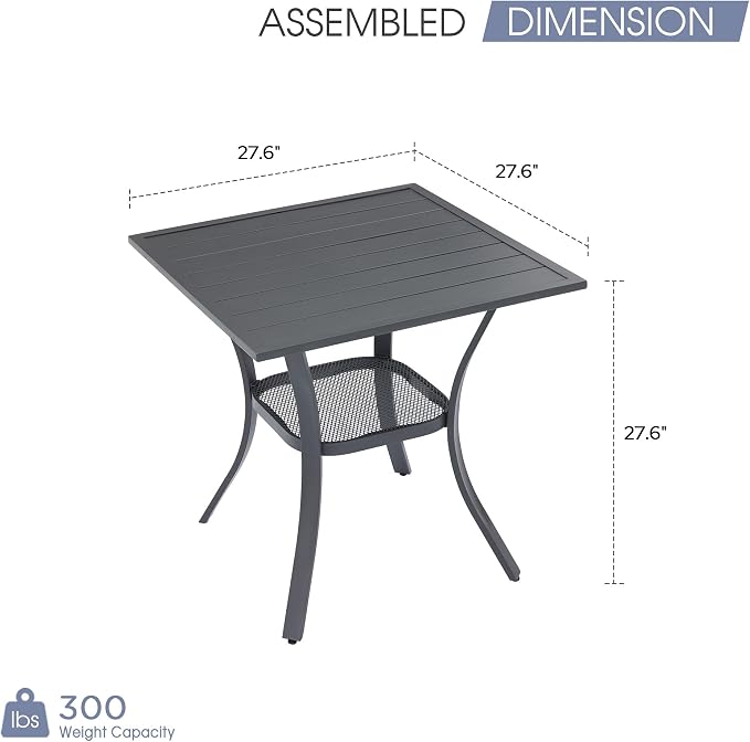 VICLLAX Small Patio Dining Table, 28"x 28" Square Metal Slatted Table with Storage Shelf for Front Porch Deck Lawn Garden, No Umbrella Hole, Dark Grey Tabletop