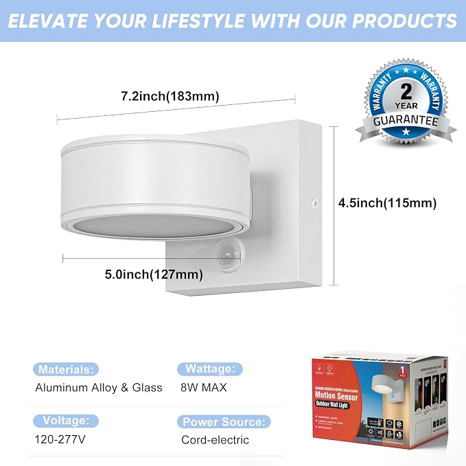 Motion Sensor Outdoor Lights with 3000K/4000K/5000K Adjustable, Aluminum White LED Outdoor Wall Sconce, Modern Outside Exterior Lighting Fixtures for Porch,House, Doorway, Garage,Front