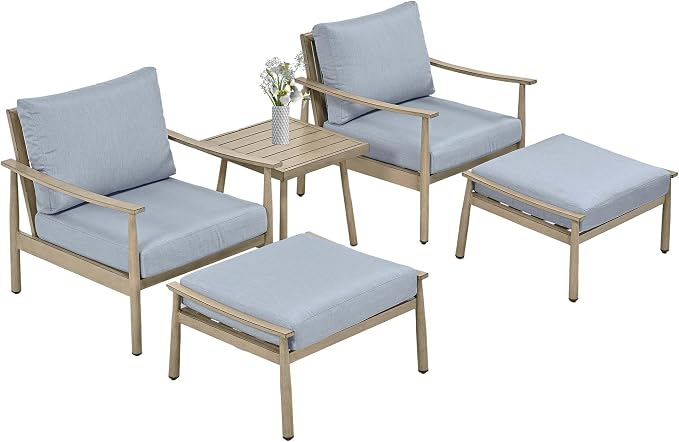 HAPPATIO Aluminum Outdoor Furniture Set - 5 Pieces Patio Furniture Set Includes 1 Side Table, 2 Armchairs and 2 Ottomans with Thick Cushion, Patio Conversation Set for Backyard Deck Poolside (Brown)
