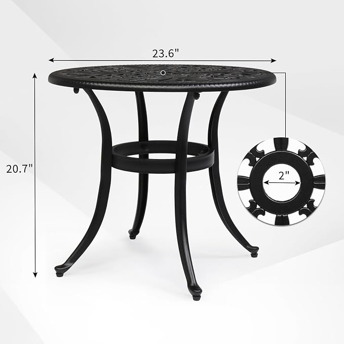 Bonnlo 23.6 Inch Cast Aluminum Outdoor Side Table with Umbrella Hole, Anti-Rust Coffee Bistro Table for Outdoor, Patio, Garden, Porch, Balcony End Table (Round, Black)