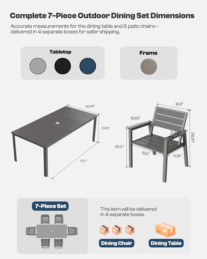 Outdoor Dining Set with Aluminum Frame for 4,Grey | HDPE table, chairs included, 2" umbrella hole, weather-resistant furniture, ideal for backyard, deck, porch, garden, poolside