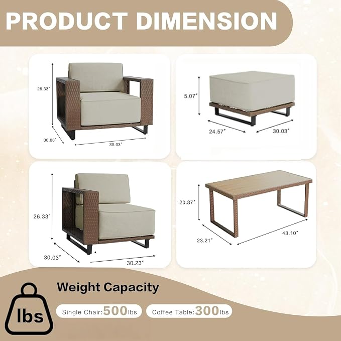 MOCHITO 8 Pieces Outdoor Patio Furniture Sets, All-Weather Sectional Sofa PE Rattan Wicker Conversation Set, Outdoor Patio sectional for Poolside, Porch, Lawn, Garden, Balcony(Beige)