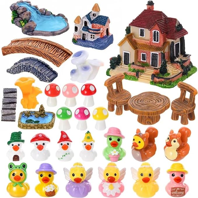 36 Pcs Fairy Garden Accessories Miniature Figurines Decor Set | Weather Resistant Resin Material, House Bridge Pond Duck Figurines, for Fairy Garden Terrarium Potted Plants Dollhouse Decor