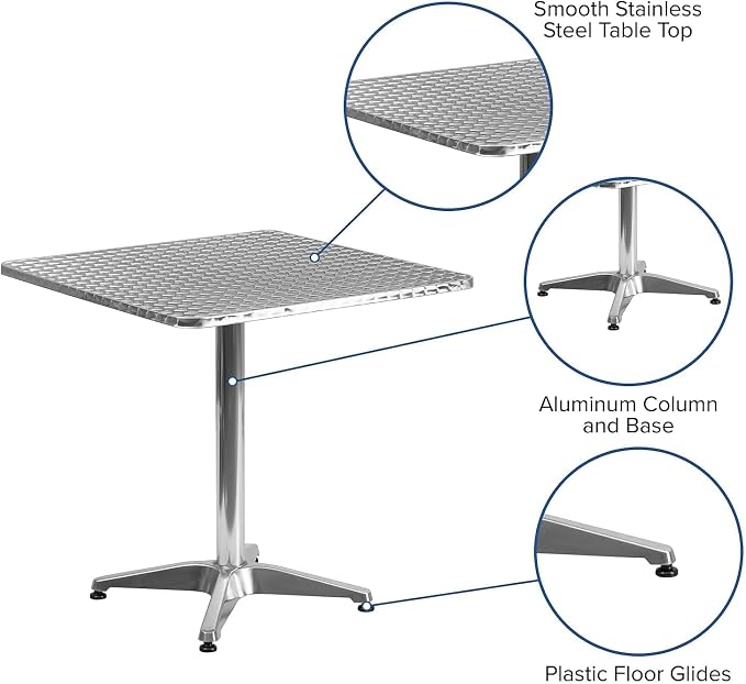 Pemberly Row Square Bistro Table, 27.5 in Aluminum and Stainless Steel, Smooth Designer Tabletop, Lightweight Indoor/Outdoor Patio Dining Table for Commercial or Residential Use