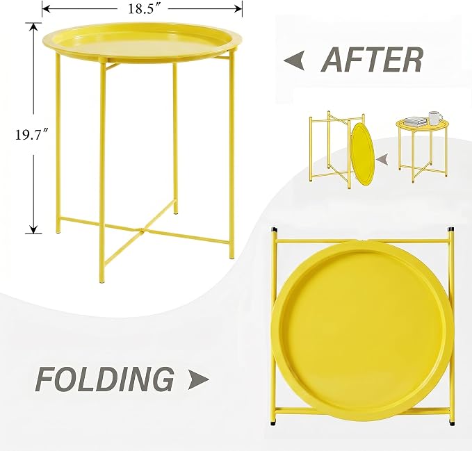 VECELO Side/End Table, Folding Round Metal Anti-Rust and Waterproof Outdoor or Indoor Tray for Living Room Bedroom Balcony and Office, 2 PCS, Yellow