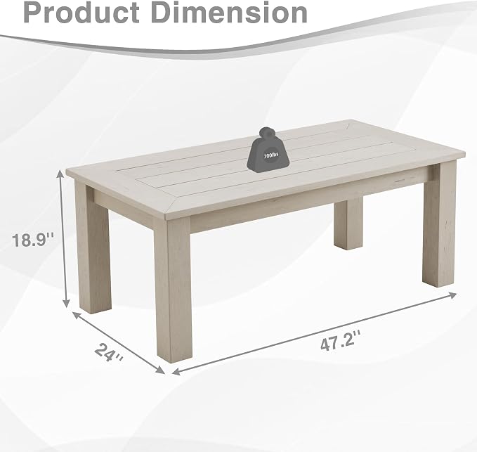 Psilvam Outdoor Coffee Table, 47.2" Poly Lumber Modern Rectangle Large Coffee Table, Weatherproof Patio Coffee Table Rotproof & Fadeproof, Patio Furniture for Porch, Balcony, Living Room (Grey)