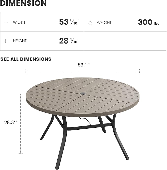 Patio Dining Table for 6-8, Round Metal Outdoor Table with Storage Shelf, 1.57" Umbrella Hole, 53" Outdoor Quartered Tabletop Dining Table for Backyard, Porch, Lawn, Grey