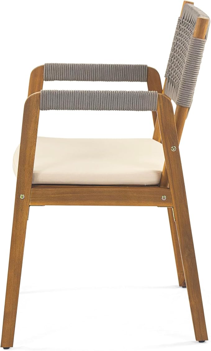 Christopher Knight Home Outdoor Dining Set with 70" Oval Acacia Wood Patio Table and 6 Rope Woven Dining Armchairs with Cushions, Teak Finish Outdoor Table and Chairs Set for Patio Deck Garden Dining