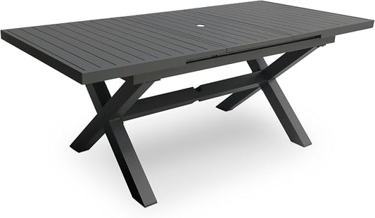 Extendable Patio Dining Table for 6-8: 63''-83'' Rectangle Aluminum Table, Umbrella Hole, Slatted Tabletop, Metal Sturdy X-Trestle Base for Outdoor Meals Garden Deck Yard Gathering Party - Gray