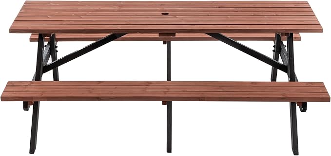 KEIKI 75" Solid Wood Picnic Table Set with Benches, Heavy-Duty Outdoor Dining Table for 6–8 People, Patio Table with Umbrella Hole, Rustic Brown for Backyard, Lawn, 2220lb Capacity, Brown/Black