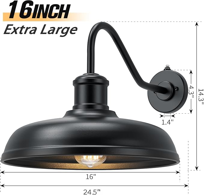 16 Inch Dome Dusk to Dawn Gooseneck Barn Light Outdoor, Black | Large Farmhouse Exterior Lighting Fixture, Industrial Outdoor Wall Sconce Outside Lantern for House, Porch, Garage