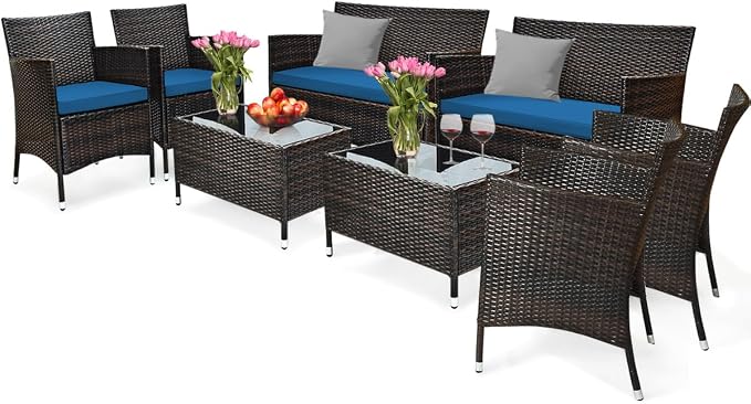 8 Pieces Patio Sofa Set, Wicker Conversation Set with Ergonomic Curved Backrest, Water-Resistant Cushion & Tempered Glass Table for Balcony, Porch (Peacock Blue)