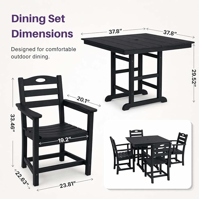 WILLIAMSPACE 37.8" Outdoor Patio Dining Set with 4 Armchairs, All Weather HDPE Square Dining Table with Umbrella Hole, Patio 5-Piece Bistro Set for Backyard, Balcony, Lawn, Kitchen (Black)