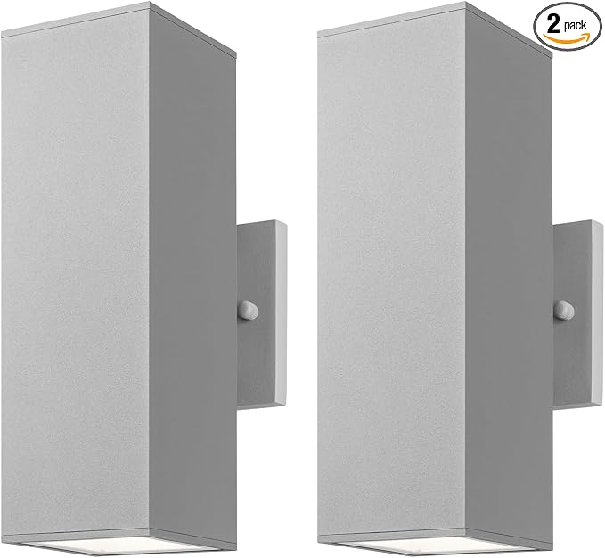 mirrea 12" Modern Outdoor Porch Light in 2 Lights, Matte Gray, 2 Pack | Patio wall sconce, aluminum rectangular tube, tempered glass, waterproof. Up & down lighting for outdoor wall mount fixture.