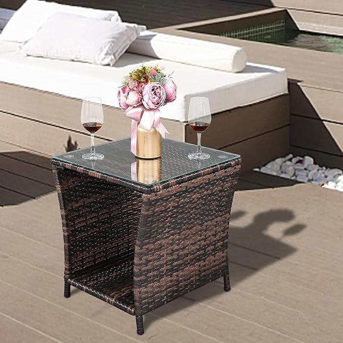 Patio Wicker Rattan Side Table Outdoor Courtyard Coffee Bistro Glass Table with Storage