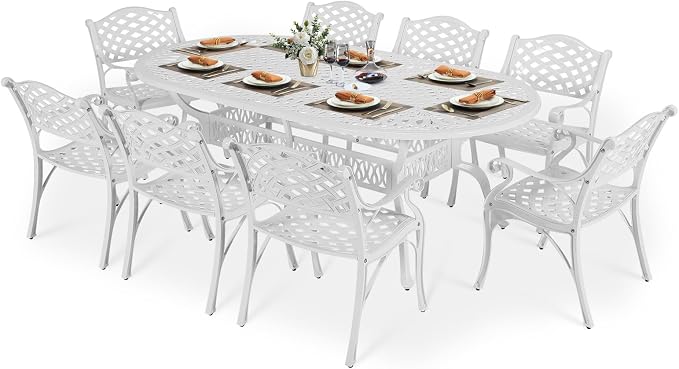 VIVIJASON 9-Piece Outdoor Dining Set, All-Weather Cast Aluminum Retro Patio Dining Set, Include 8 Chairs and an Oval Table with Umbrella Hole for Balcony Lawn Garden Backyard, White