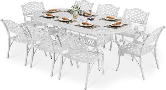 VIVIJASON 9-Piece Outdoor Dining Set, All-Weather Cast Aluminum Retro Patio Dining Set, Include 8 Chairs and an Oval Table with Umbrella Hole for Balcony Lawn Garden Backyard, White