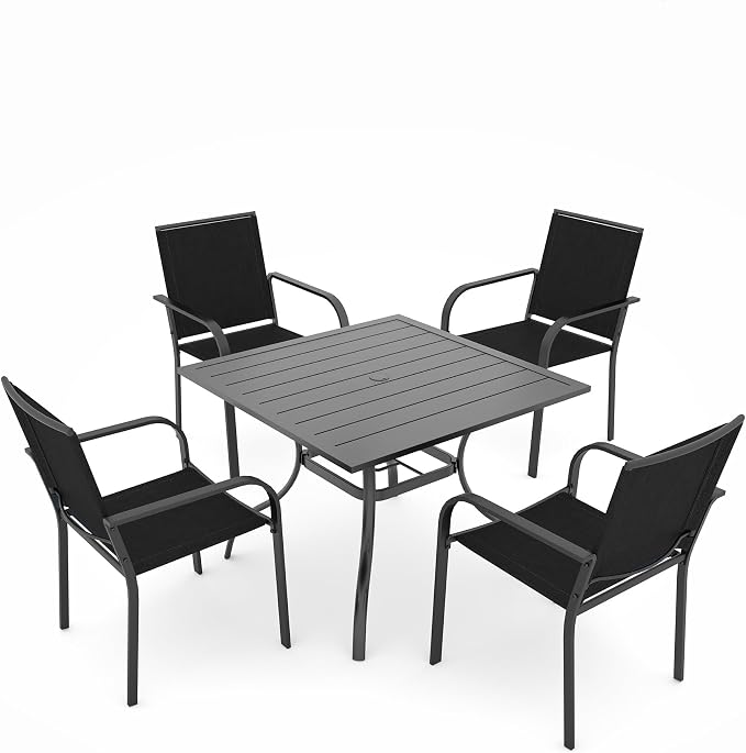 Anmutig 5 Piece Patio Dining Set, Outdoor Black Stackable Chairs and 35" Square Metal Patio Table with 1.57" Umbrella Hole for Garden Backyard Deck, Black