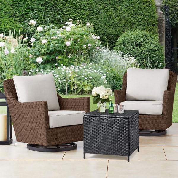 Outdoor PE Wicker Side Table with Storage, Patio Rattan End Table Square Container for Furniture Covers (Black)