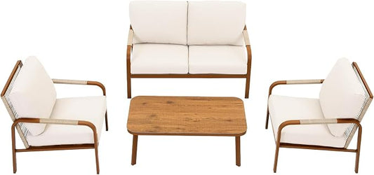 Aluminum Outdoor Patio Furniture Set,4-Piece Sectional Sofa with Coffee Table,Washable Thick Cushions,Modern Patio Conversation Set for Backyard,Garden,Porch,Balcony,Deck,Beige