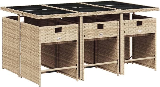 7 Piece Patio Dining Set with Cushions Beige Poly Rattan Outdoor Furniture Table and 6 Folding Chairs with Tempered Glass Top and Removable Covers for Garden Backyard Relaxation