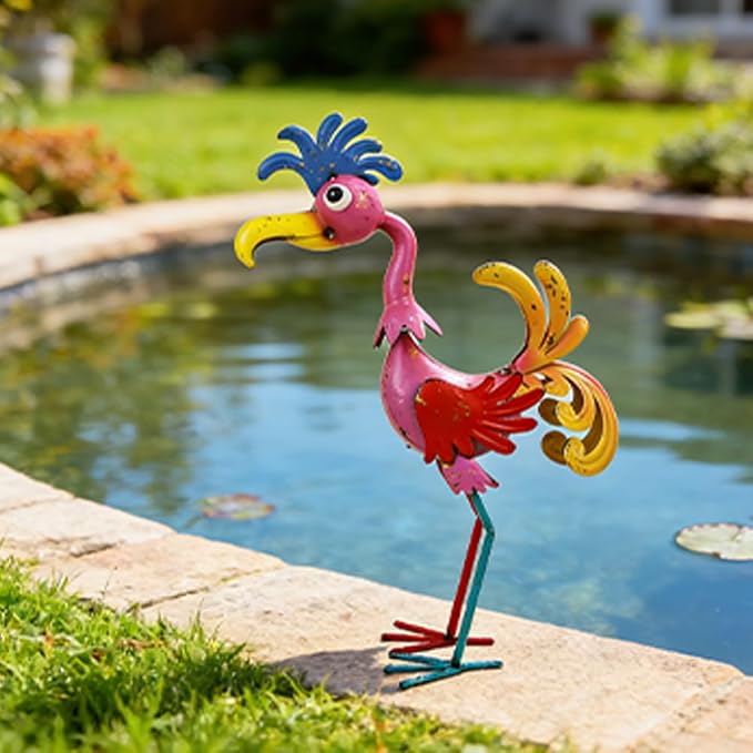 20'' Tall Metal Rooster Statue for Farmhouse, Lawn, Garden | Funny Rooster Sculpture Garden Decor, Metal Yard Art, Pink