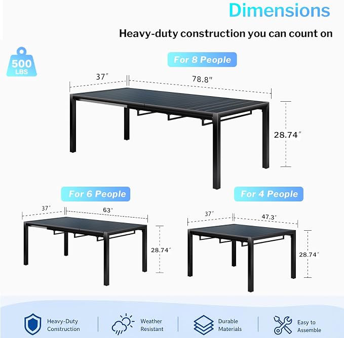 bigget Extendable Patio Dining Table for 8, 78.8" Long Rectangular Expandable Outdoor Dining Table for 8, 500LBS Powder-Coated Black Metal Extra Large Outdoor Patio Table for Outside, Garden, Lawn