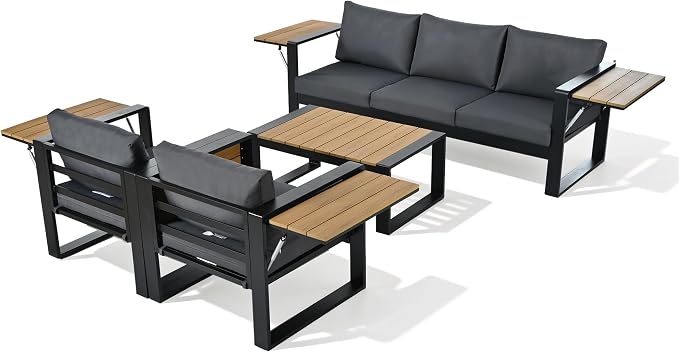 JIVOIT 4-Piece Outdoor Patio Furniture Set for 5 Person, Large Aluminum Frame Conversation Set with 3-Seater Sofa, 2 Armchairs with Fold-Out Side Tables, Modern Garden/Patio Seating, All-Weather Use