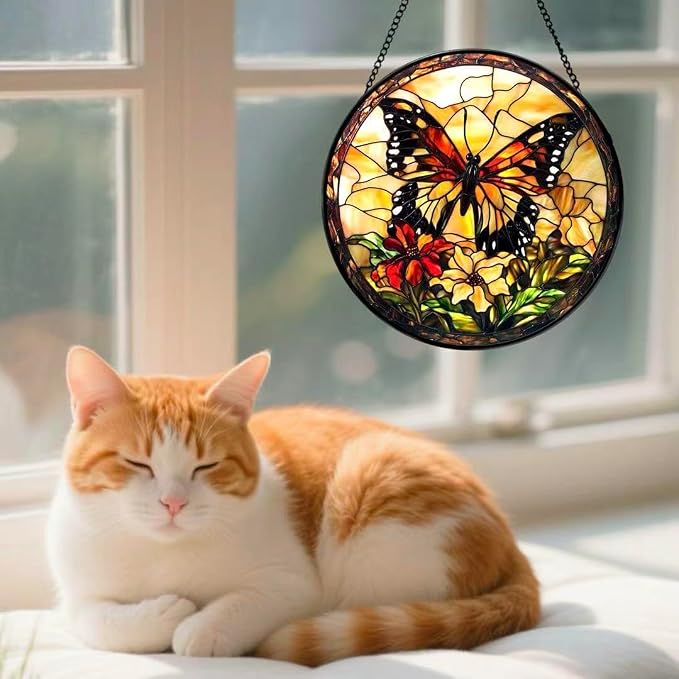 Stained Glass Window Hanging - Butterfly Red Flowers Yellow Flowers 6.3 Inches Suncatcher for Garden Home Decor for Women Mom Grandma Friends