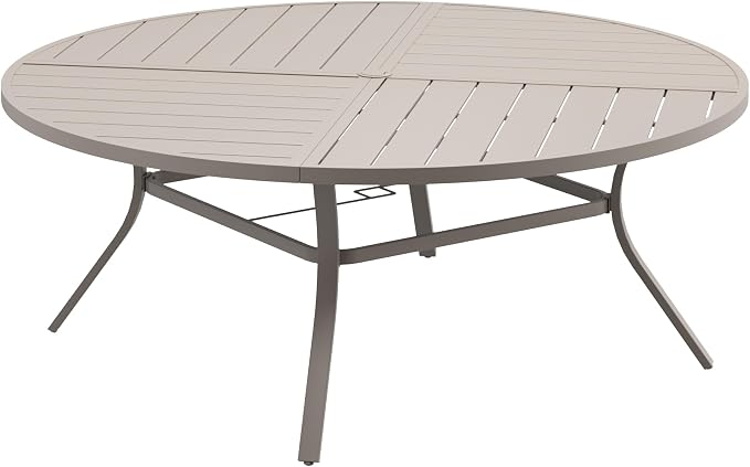 DIFY 63" Round Outdoor Patio Dining Table for 8-10, All-Weather Metal Steel Slatted Patio Table with 1.57" Adjustable Umbrella Hole for Garden, Backyard, Deck, Sandshell