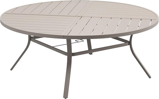 DIFY 63" Round Outdoor Patio Dining Table for 8-10, All-Weather Metal Steel Slatted Patio Table with 1.57" Adjustable Umbrella Hole for Garden, Backyard, Deck, Sandshell