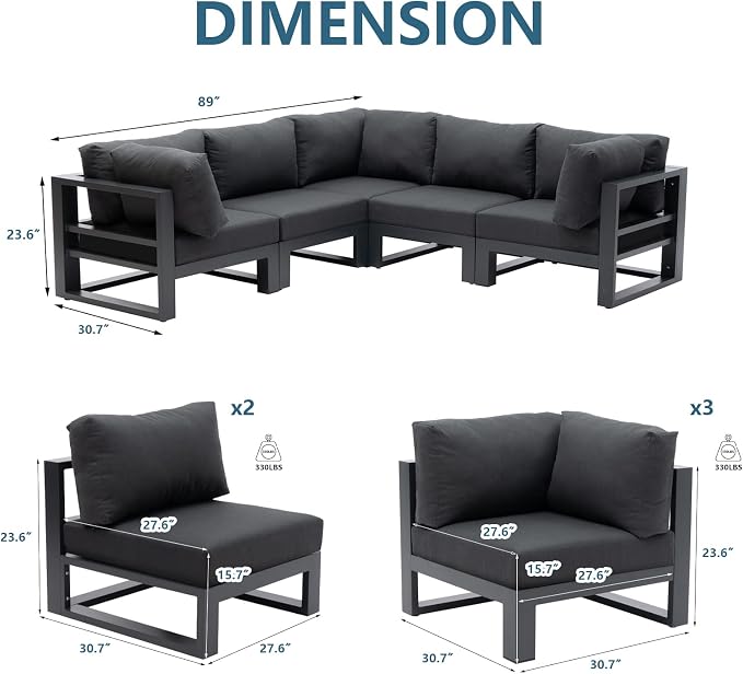 5 Pieces Patio Furniture Set Outdoor Aluminum Sectional Sofa Couch All-Weather Conversation Set with Upgraded Dark Grey Cushions