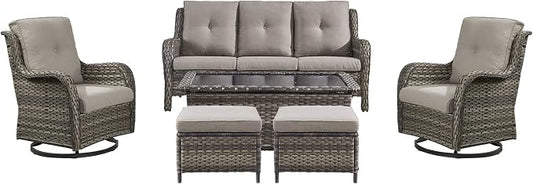 Rilyson Wicker Patio Furniture Set - 6 Piece Rattan Outdoor Sectional Conversation Sets with 2 Swivel Rocking Chairs,2 Ottomans,1 Sofa and 1 Coffee Table for Porch Deck Garden(Mixed Grey/Grey)