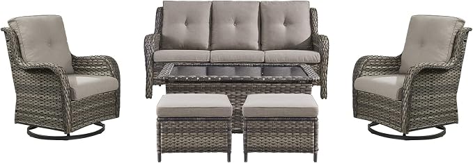 Rilyson 6 Piece Outdoor Patio Furniture Set - Rattan Wicker Patio Conversation Sets with 2 Swivel Rocker Chairs,2 Ottomans,1 Sofa and 1 Coffee Table for Outside Porch Deck Yard(Mixed Grey/Grey)