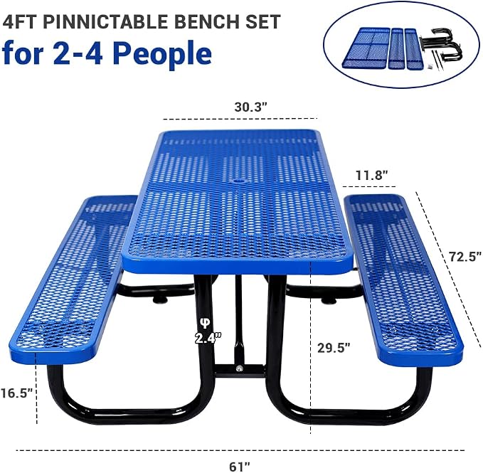 72" Thermoplastic Picnic Table with Umbrella Hole up to 1.5", Heavy Duty Commercial Picnic Table for Outdoor, Family & Party Ready for School Camping, Rectangular, Blue