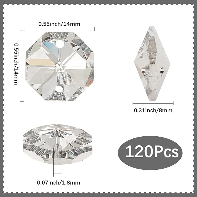 1 Box 120Pcs 14mm 2 Hole Octagon Beads Silver Crystal Glass Octagon Beads Chandelier Replacement Connector Suncatcher Faceted Spacer Prisms for DIY Lamps Hanging Ornament Pendant Jewelry